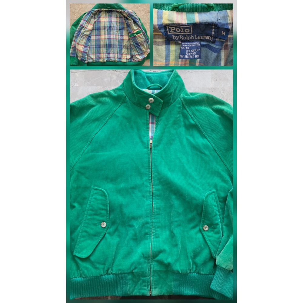VTG 90s Polo Ralph Lauren Green Corduroy Harrington Jacket Plaid Lined Mens M
